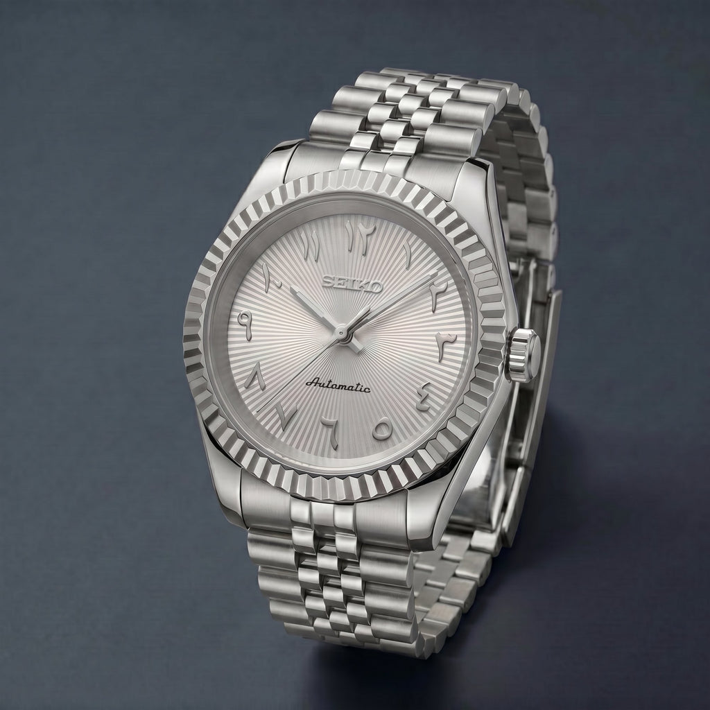Horalys - Montre Seiko Mod Datejust Arabic Blanc Bracelet Argent