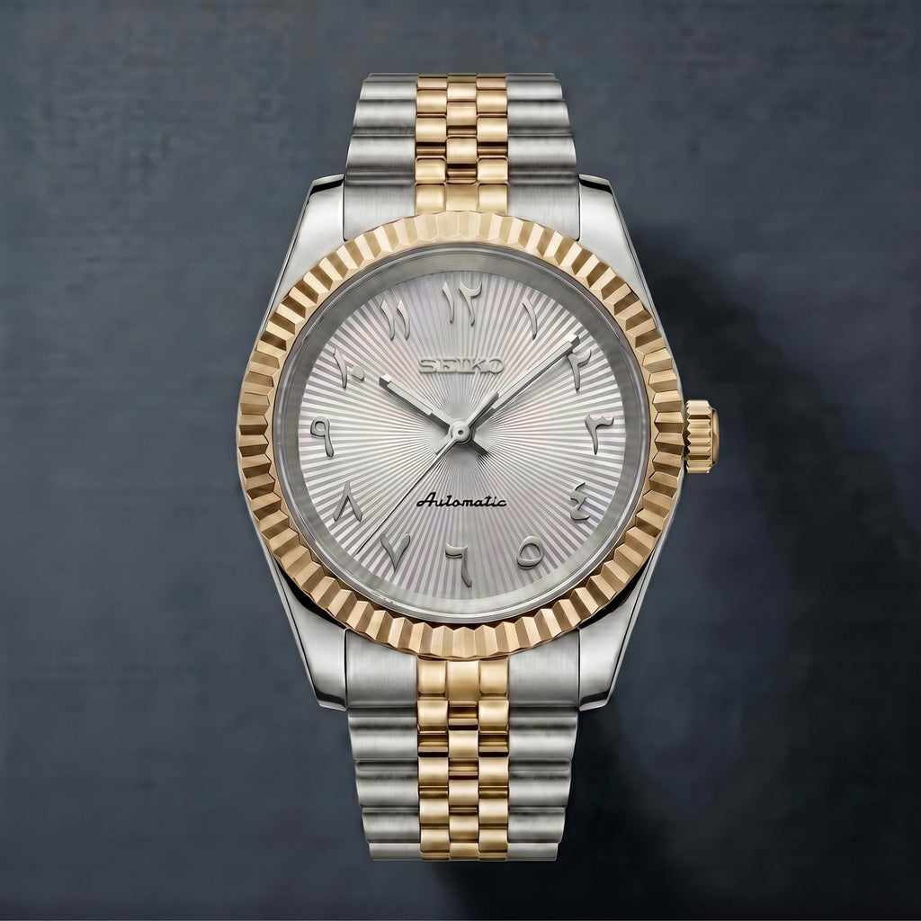 Horalys - Montre Seiko Mod Datejust Arabic Blanc Bracelet Argent Or