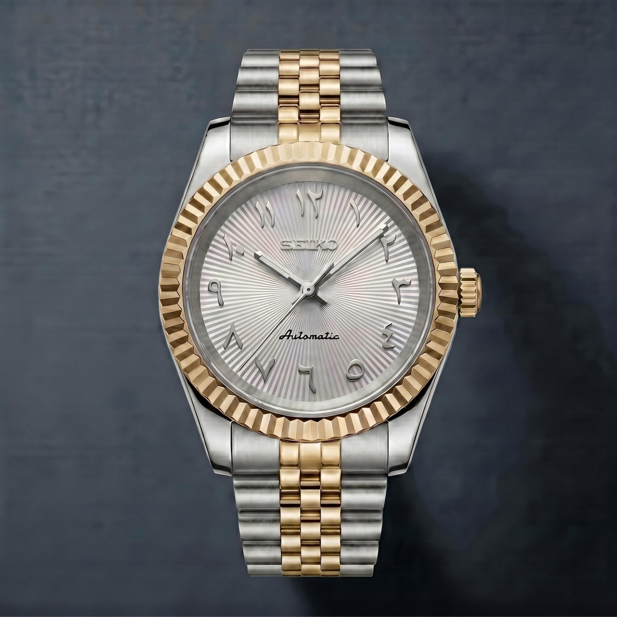 Horalys - Montre Seiko Mod Datejust Arabic Blanc Bracelet Argent Or