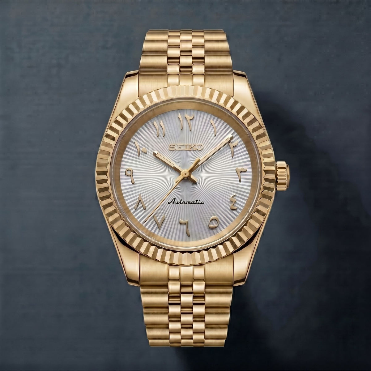 Horalys - Montre Seiko Mod Datejust Arabic Blanc Bracelet Or