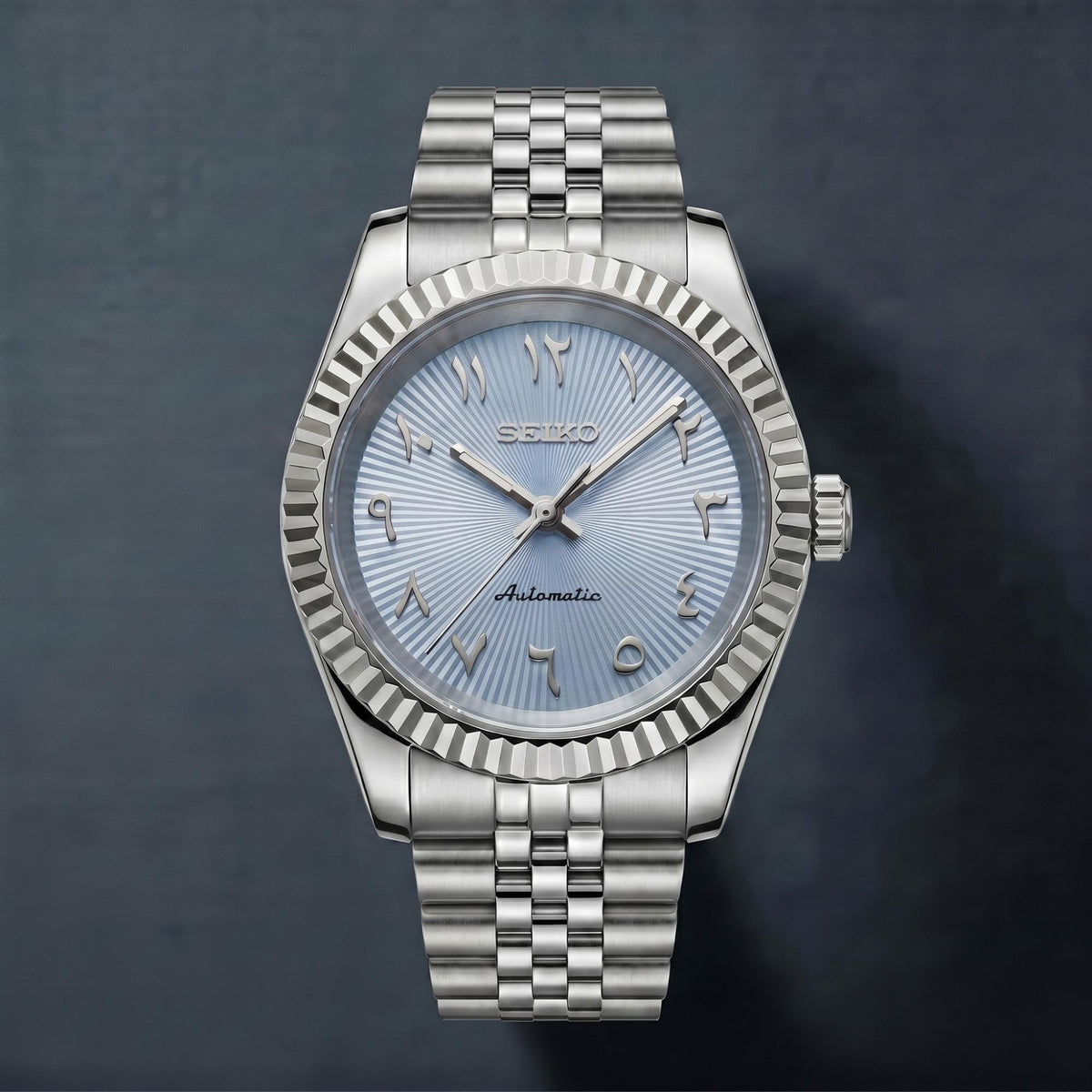 Horalys - Montre Seiko Mod Datejust Arabic Bleu Bracelet Argent