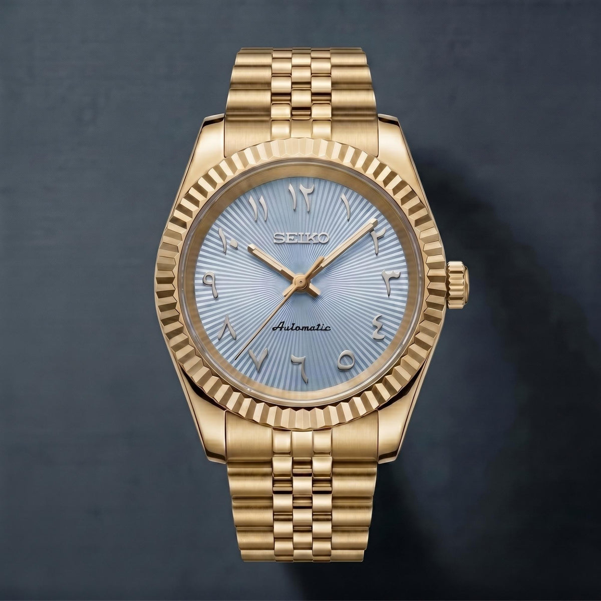 Horalys - Montre Seiko Mod Datejust Arabic Bleu Bracelet Or