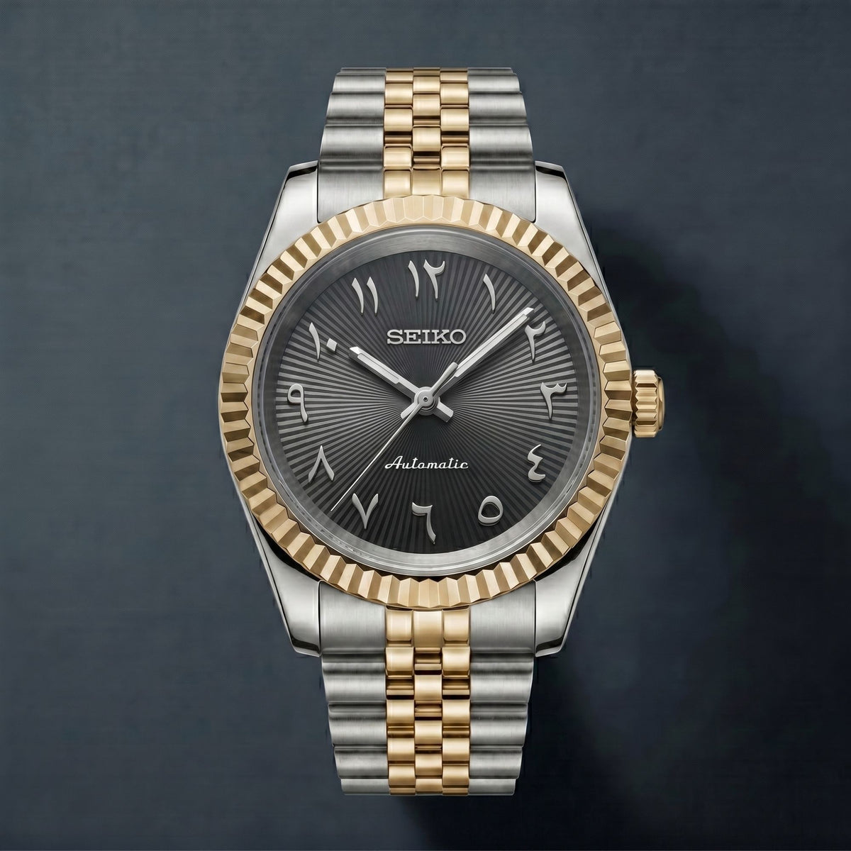 Horalys - Montre Seiko Mod Datejust Arabic Noir Bracelet Argent Or