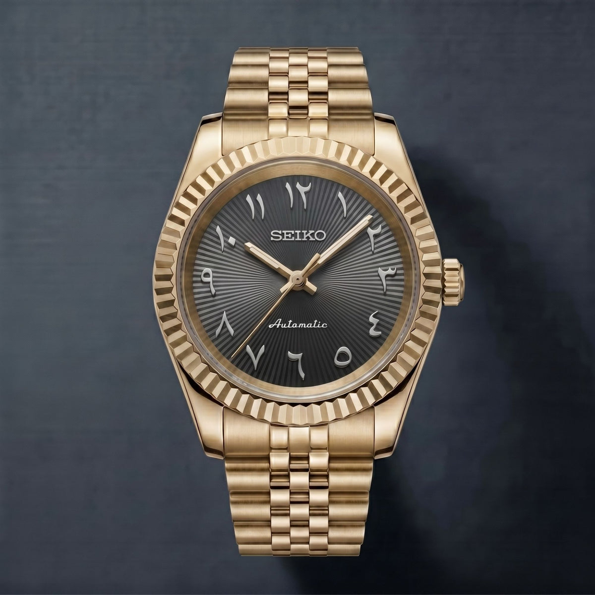 Horalys - Montre Seiko Mod Datejust Arabic Noir Bracelet Or