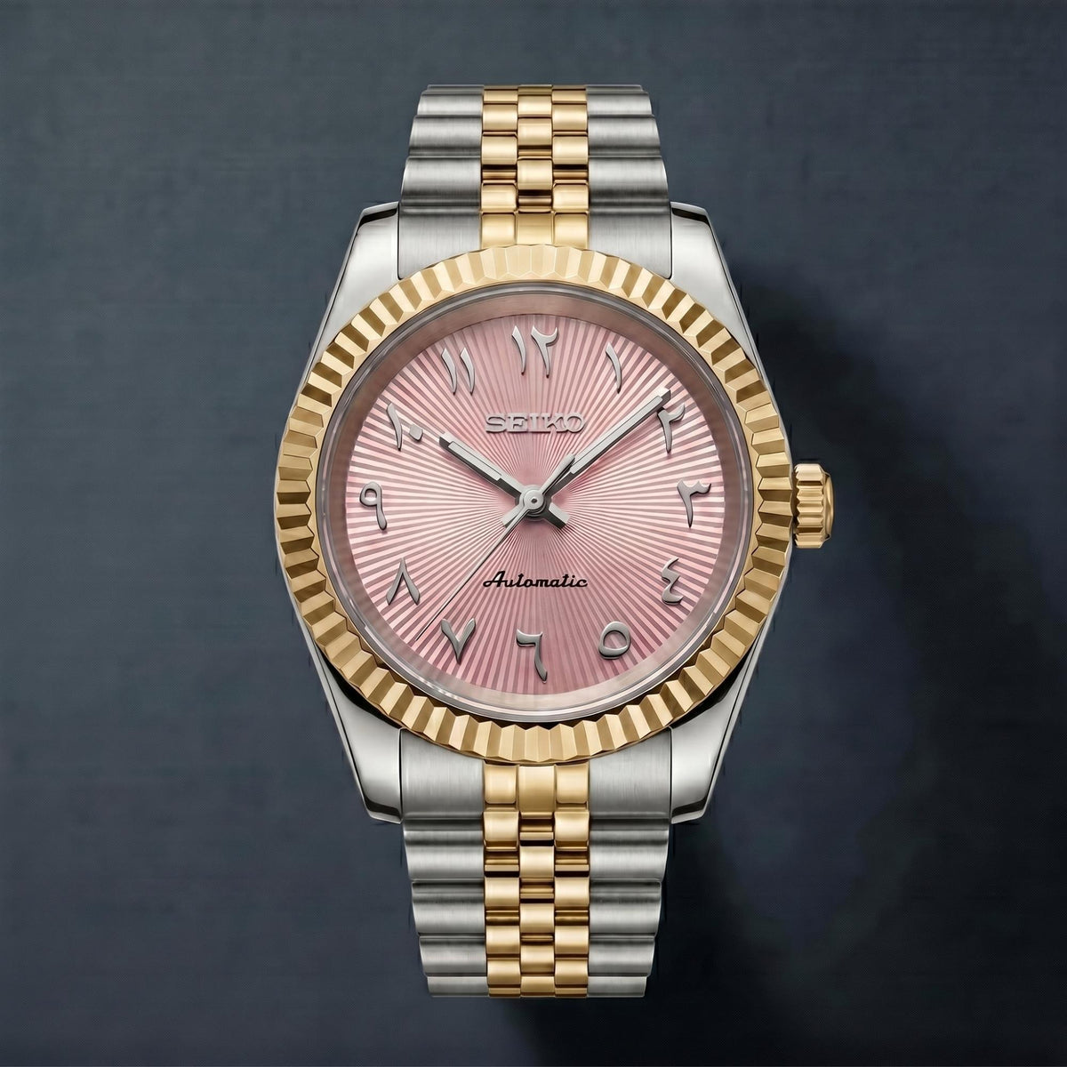 Hralys - Montre Seiko Mod Datejust Arabic Rose Bracelet Argent Or