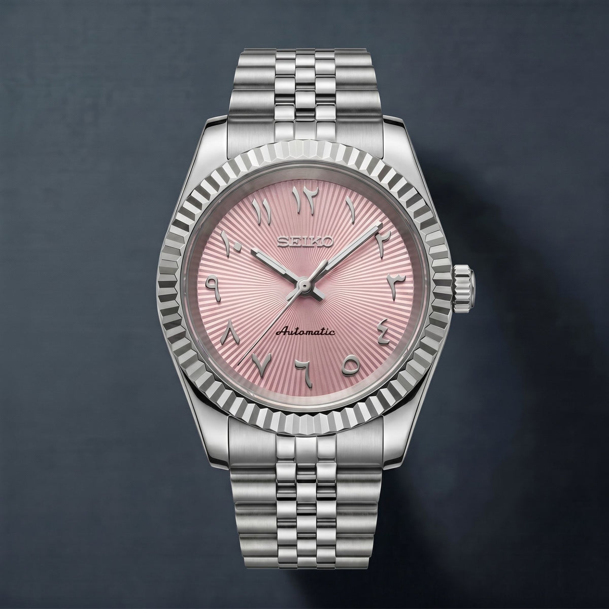 Hralys - Montre Seiko Mod Datejust Arabic Rose Bracelet Argent