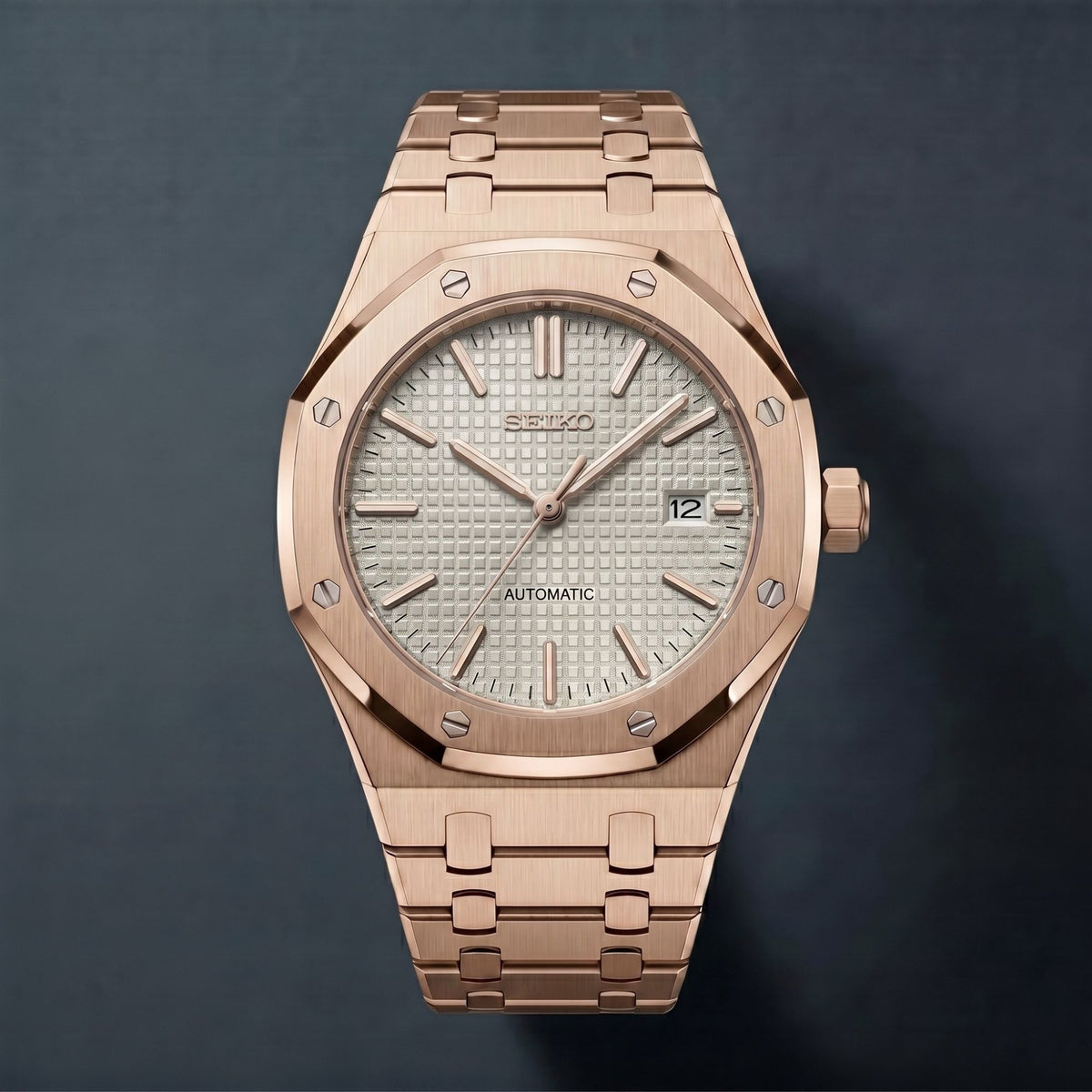 Horalys - Montre Seiko Mod Royal Oak Blanc Bracelet Or Rose