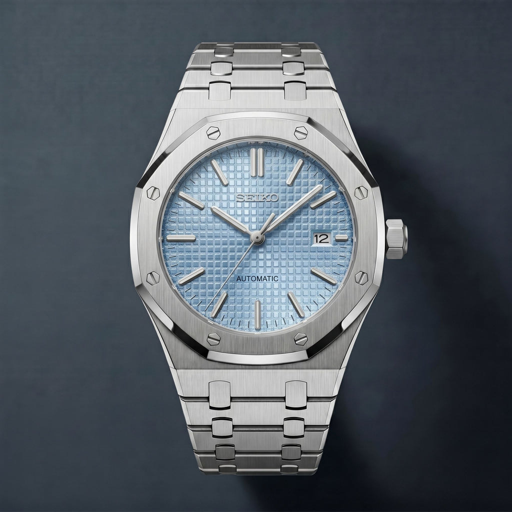 Horalys - Montre Seiko Mod Royal Oak Bleu-Ciel Bracelet Argent