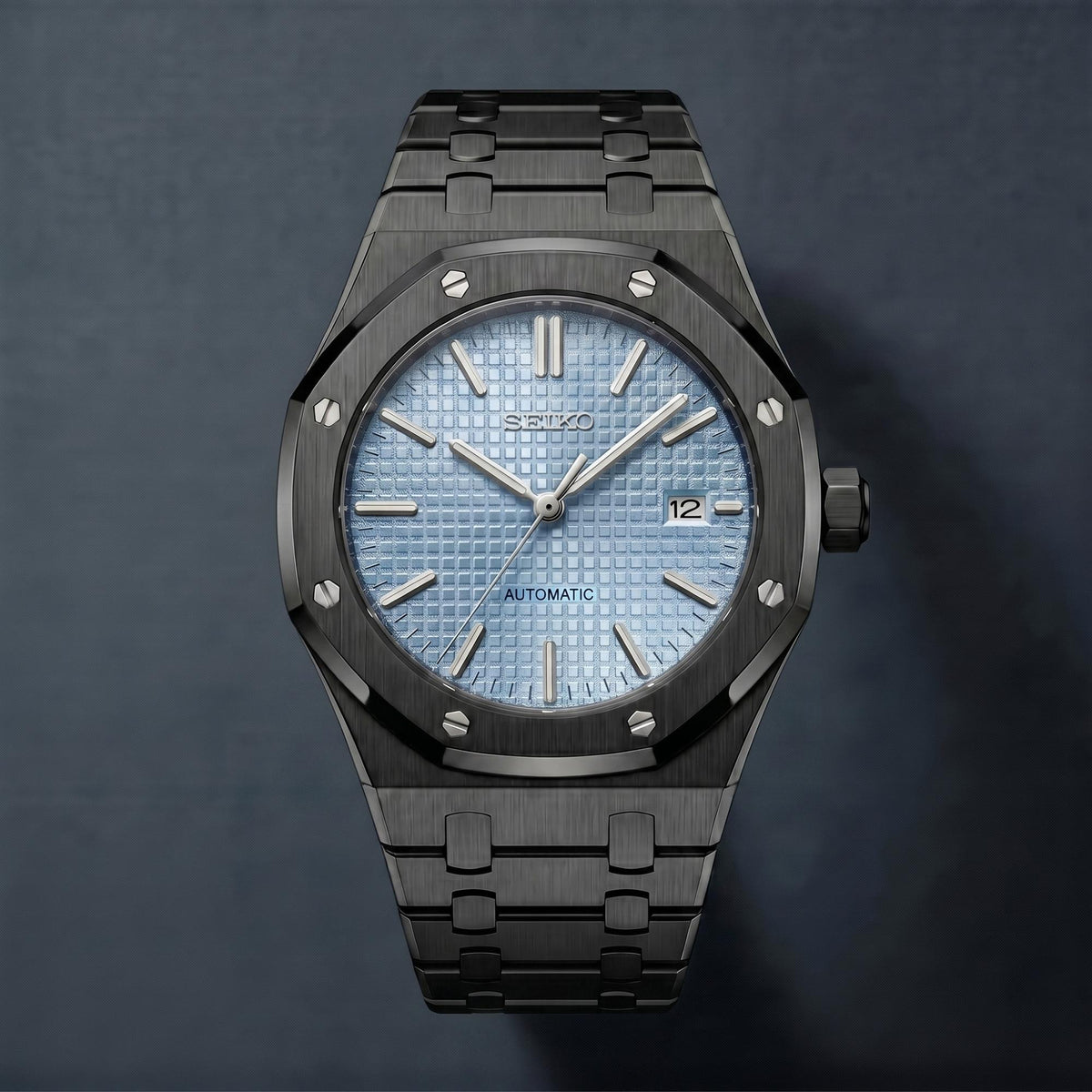 Horalys - Montre Seiko Mod Royal Oak Bleu-Ciel Bracelet Noir