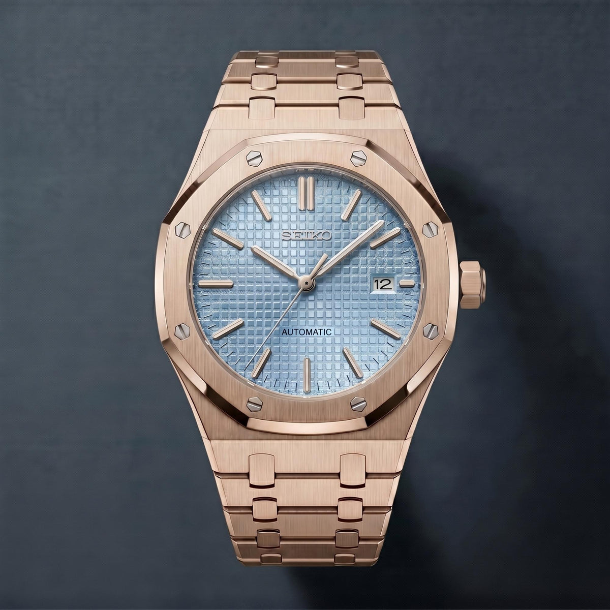 Horalys - Montre Seiko Mod Royal Oak Bleu-Ciel Bracelet Or Rose