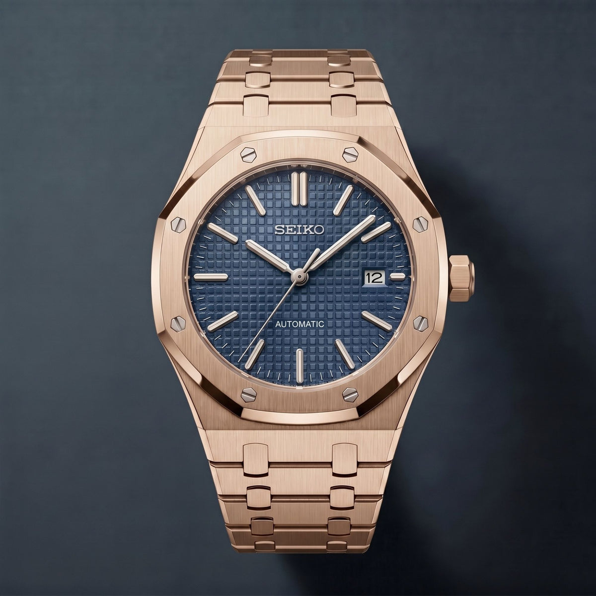 Horalys - Montre Seiko Mod Royal Oak Bleu Bracelet Or Rose