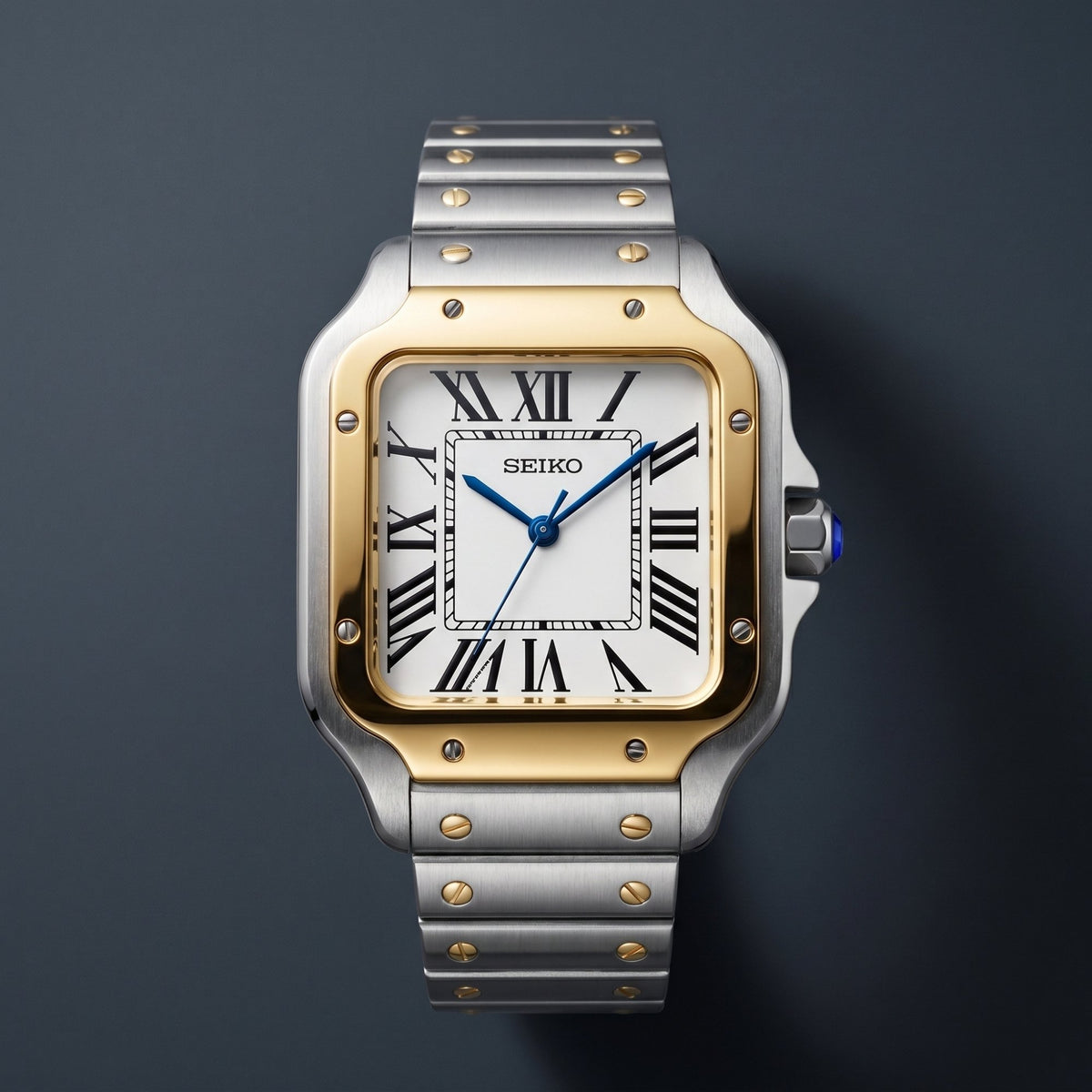 Horalys - Montre Seiko Mod Santos Blanc Bracelet Argent Or