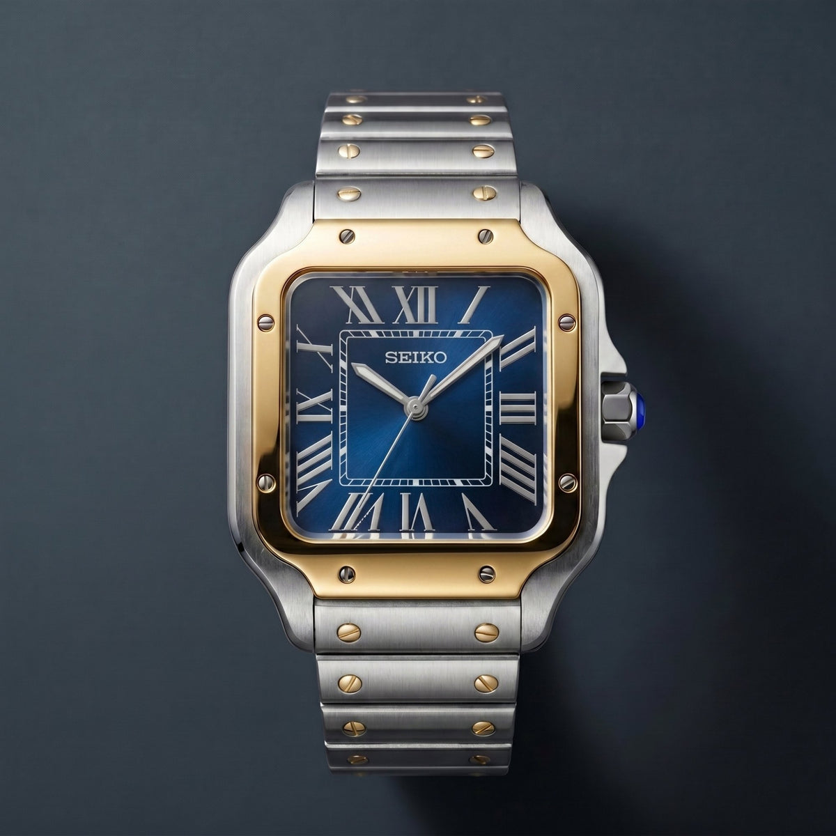 Horalys - Montre Seiko Mod Santos Bleu Bracelet Argent Or