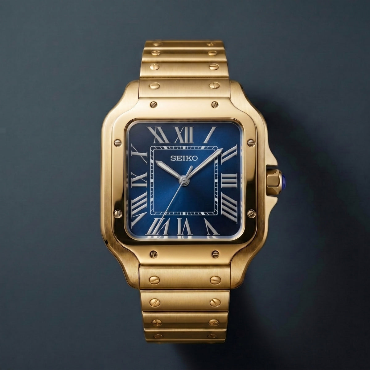 Horalys - Montre Seiko Mod Santos Bleu Bracelet Or