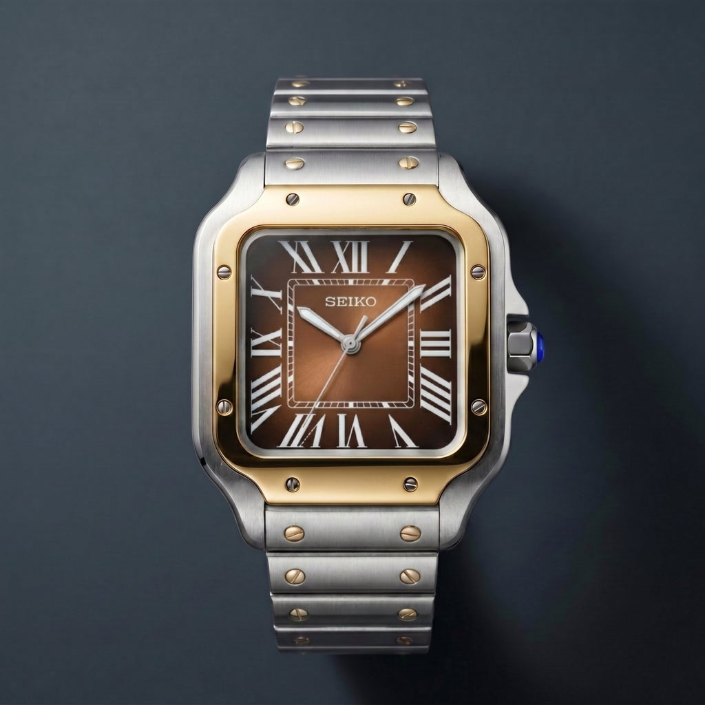 Horalys - Montre Seiko Mod Santos Marron Bracelet Argent Or