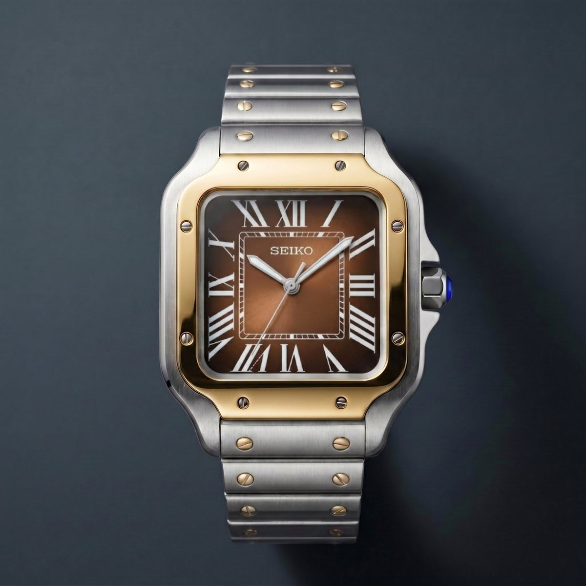 Horalys - Montre Seiko Mod Santos Marron Bracelet Argent Or