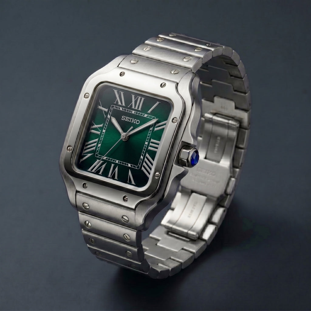Horalys - Montre Seiko Mod Santos Vert Bracelet Argent