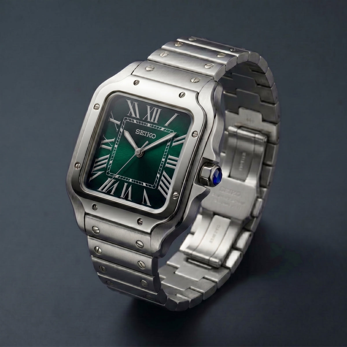 Horalys - Montre Seiko Mod Santos Vert Bracelet Argent