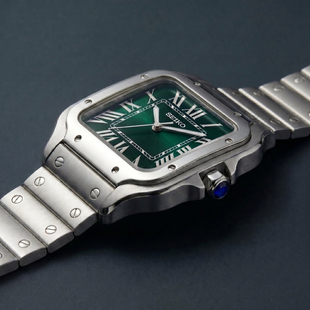 Horalys - Montre Seiko Mod Santos Vert Bracelet Argent