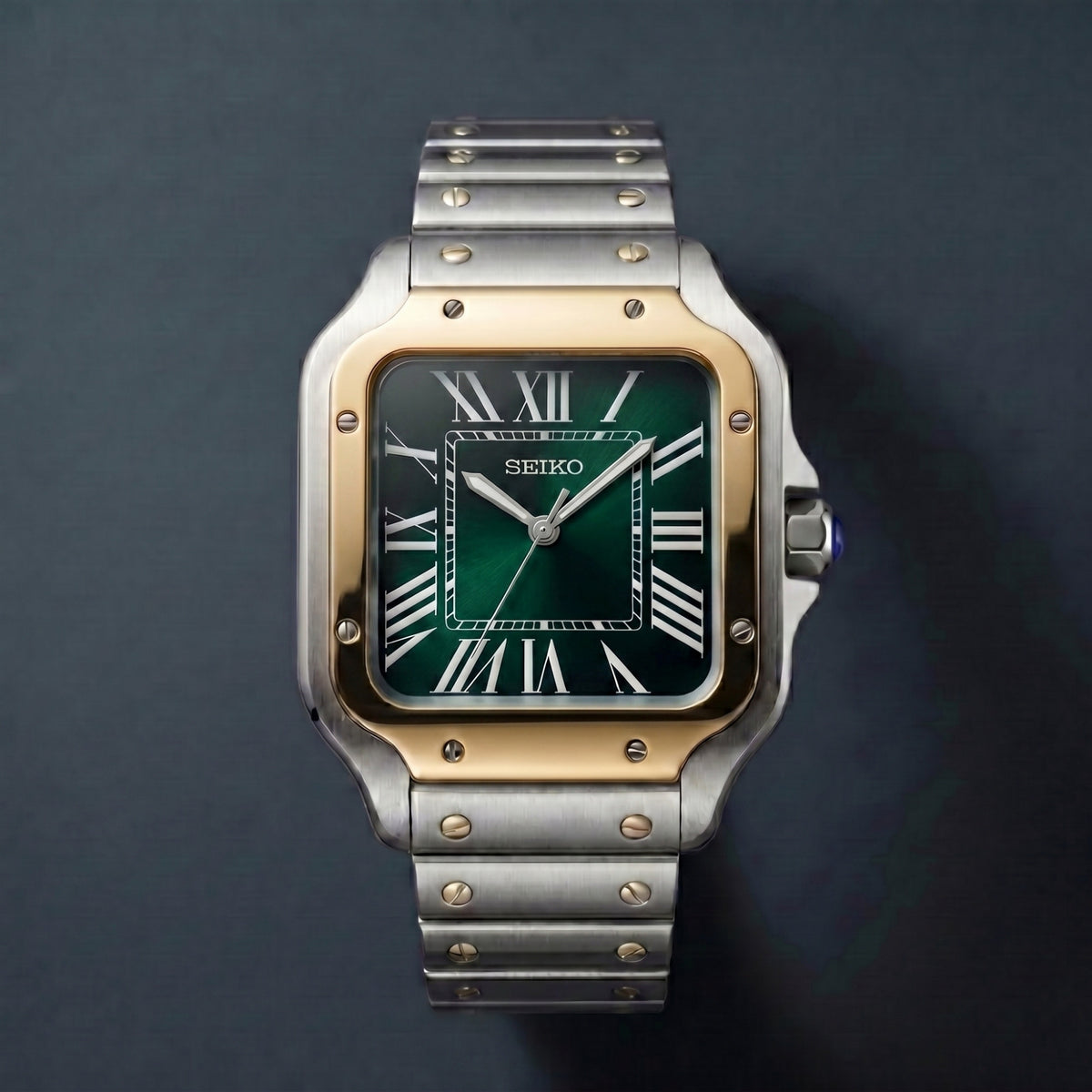 Horalys - Montre Seiko Mod Santos Vert Bracelet Argent Or