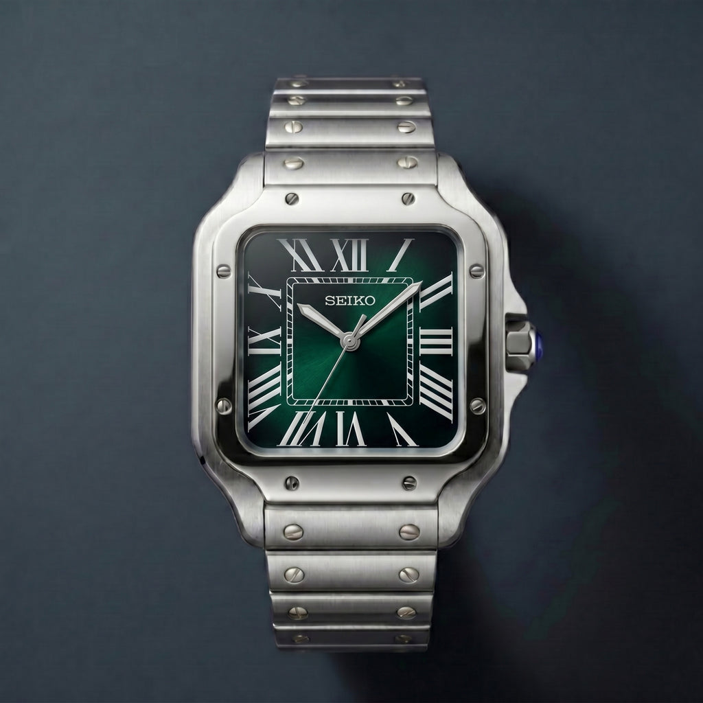 Horalys - Montre Seiko Mod Santos Vert Bracelet Argent